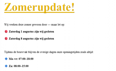 Openingstijden bouwvak 2026